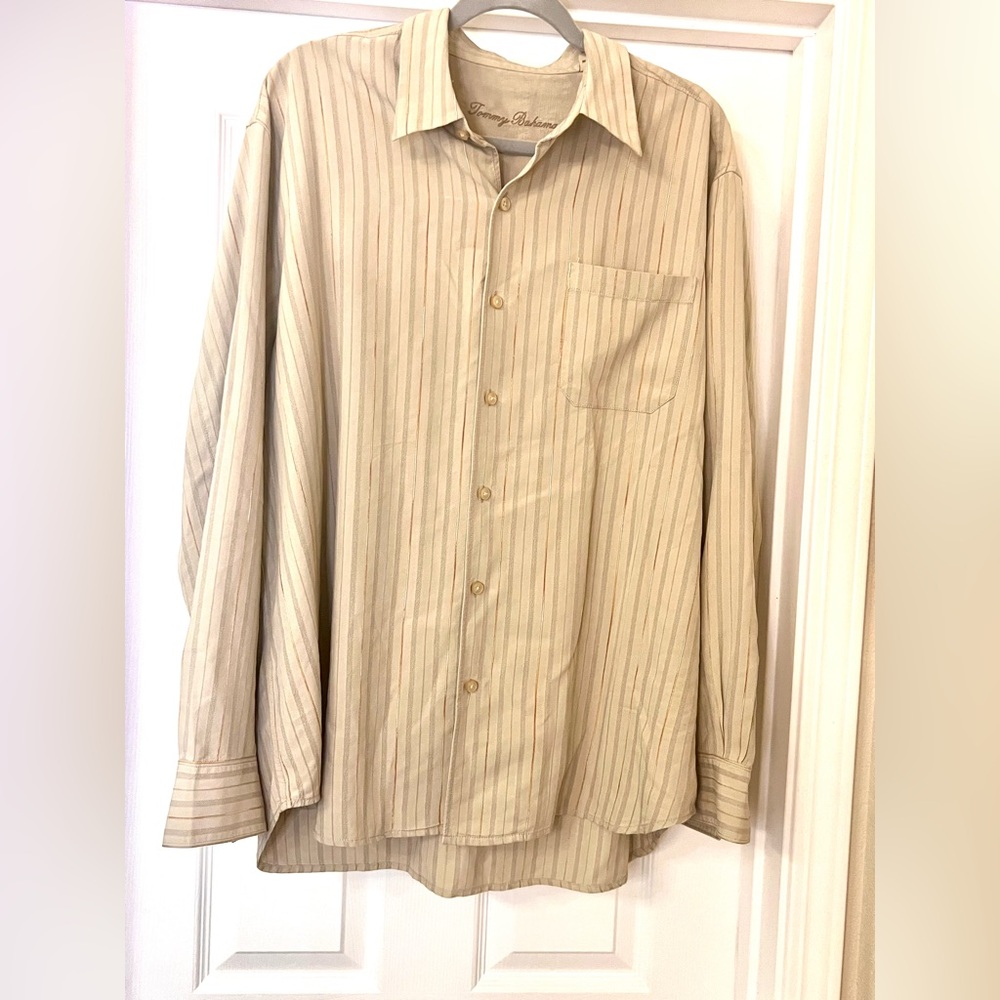 🎆3for$20 Tommy Bahama Men's Beige & Gold Striped Long Sleeve Silk Button Down